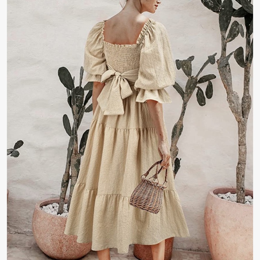 Women's Puff Sleeve Smocked Gingham Bow Tie Flowy Cottagecore Midi Dress - Picture 5 of 7